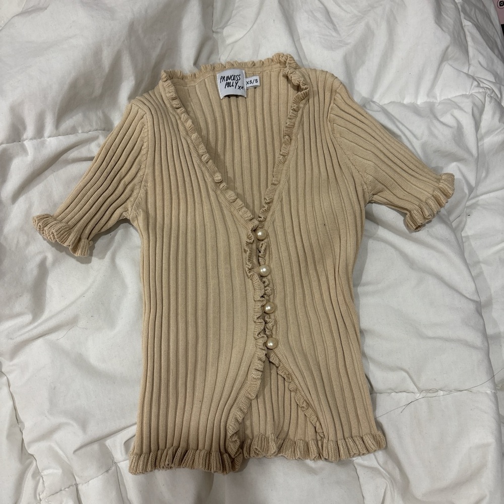 Princess Polly Trendy Beige Ribbed Top with Ruffle Trim
